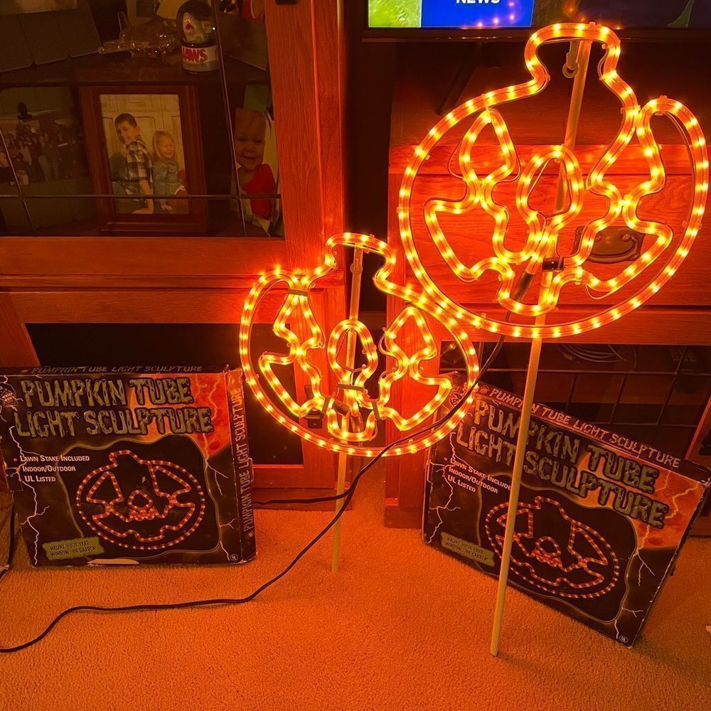 Vintage Pumpkin Tube Light Sculptures Indoor Outdoor with Yard Stakes